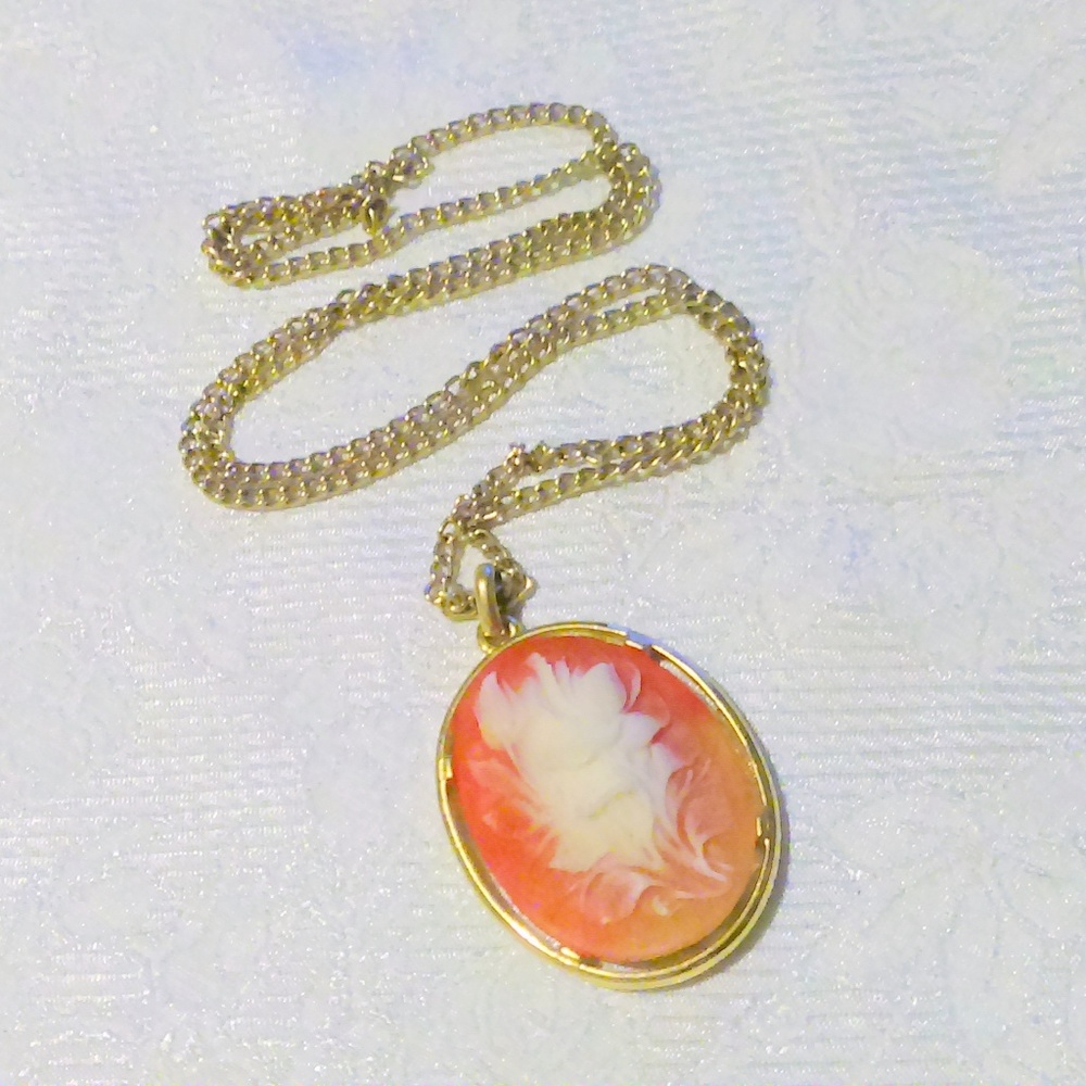 Vintage Floral Resin Cameo Gold Tone Necklace